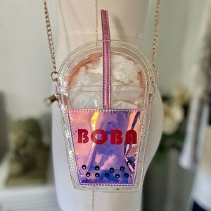 Vinyl Transparent and Iridescent Boba Cross Body Bag with Gold Chain - CUTE!